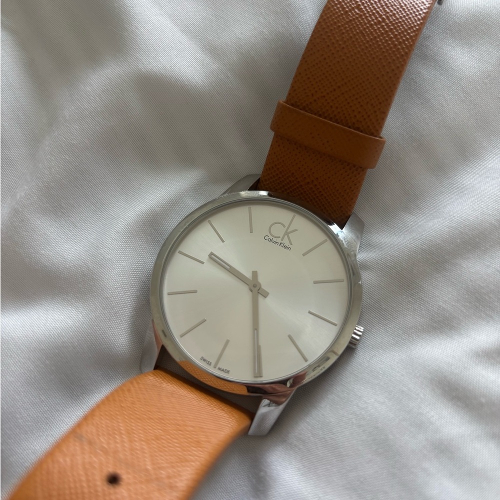 Calvin Klein Silver Case with Brown Strap Watch